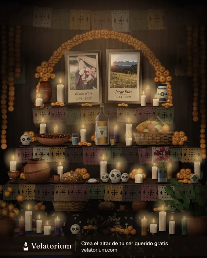 Ejemplo de altar de Día de Muertos con dos fotos, velas, cempasúchil y ofrendas.